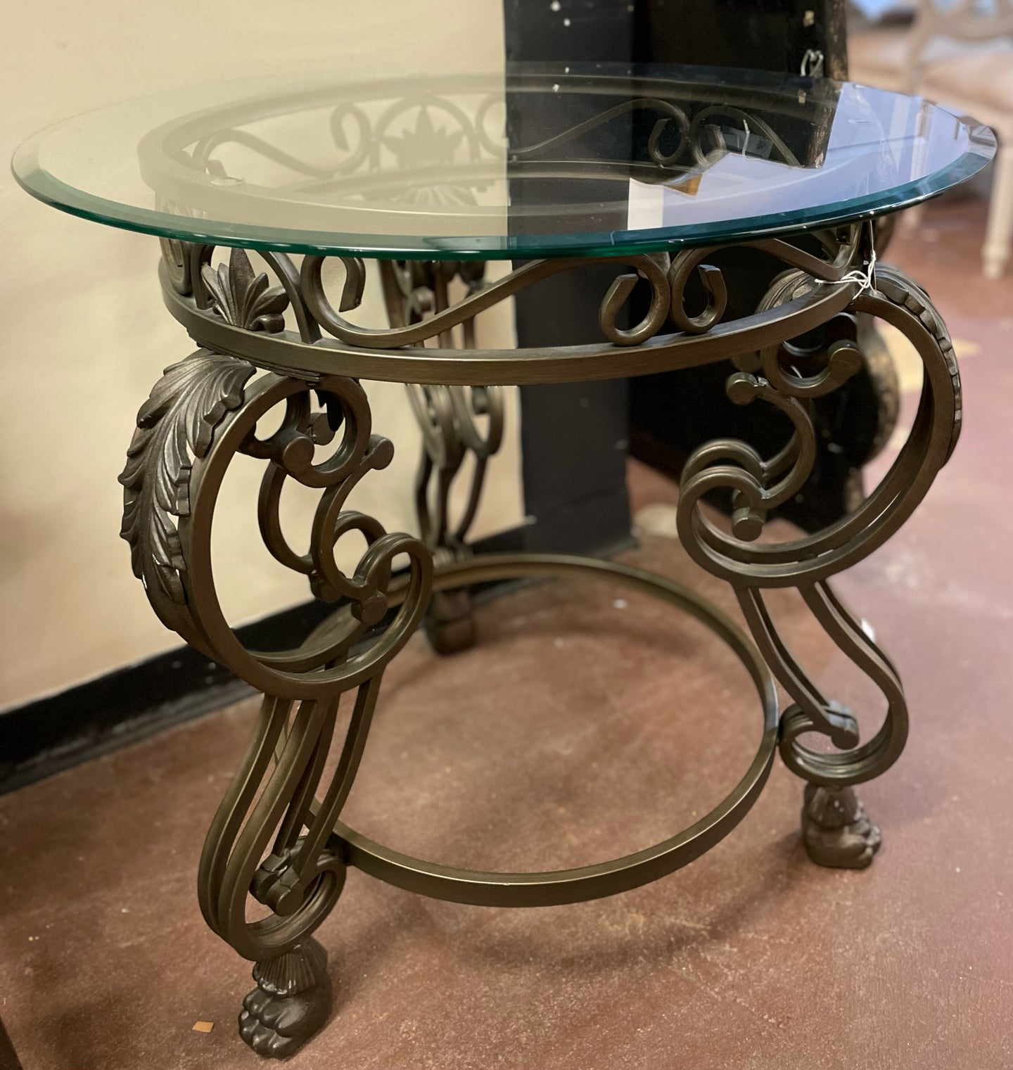 Round Iron Base End Table with  Beveled Glass Top