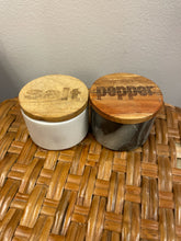 Load image into Gallery viewer, Small Wood + Marble Salt and Pepper Containers
