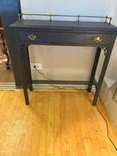 Load image into Gallery viewer, Narrow Painted Console Table with Brass Rail &amp; Lower Glass Shelf
