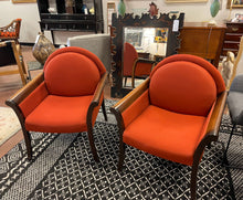 Load image into Gallery viewer, Pair of MCM Lounge Chairs with Dark  Burnt Orange Wool Upholstery and Polished Wood Arms
