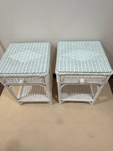 Load image into Gallery viewer, Pair of White Wicker Nightstands with  Glass Tops
