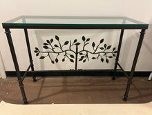 Load image into Gallery viewer, Glass Top Iron Base Console Table with  Tree of Life  Design
