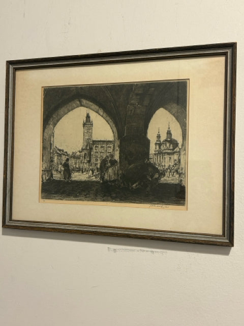 Framed Etching of Street Scene, Prague Czech Republic, signed