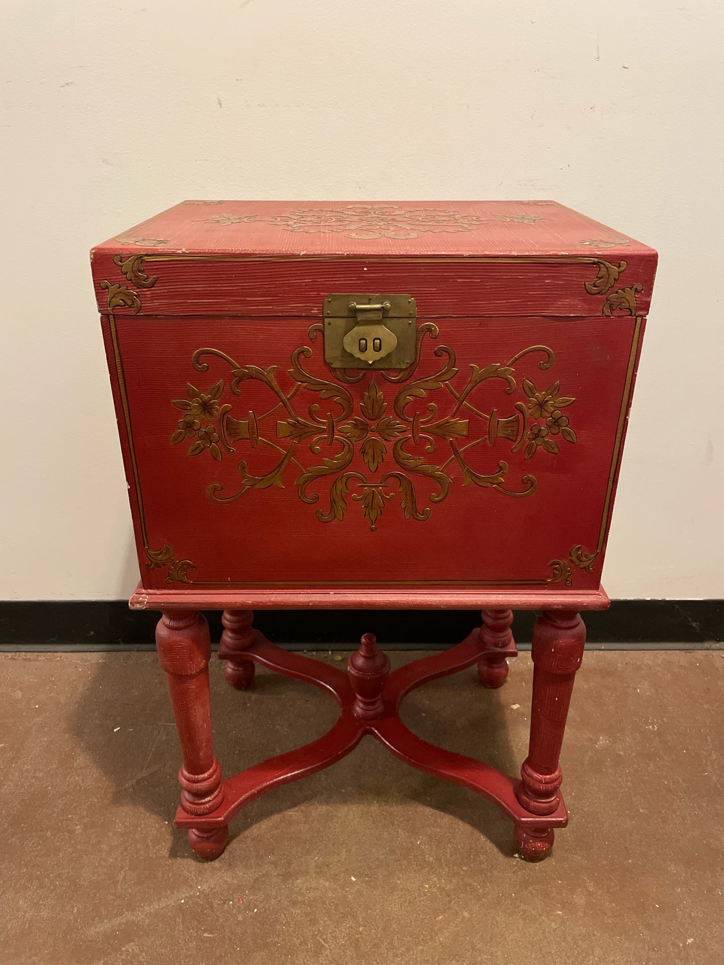 Vintage Red  Chest with Gold Scrolled  Detailing