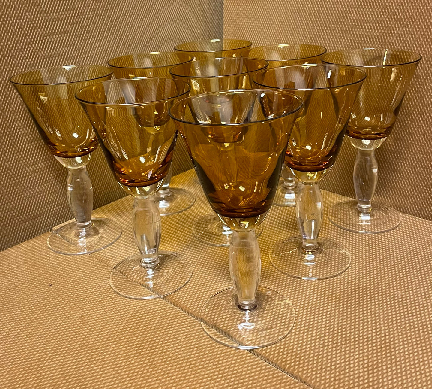 Nine  Amber Colored Water Goblets