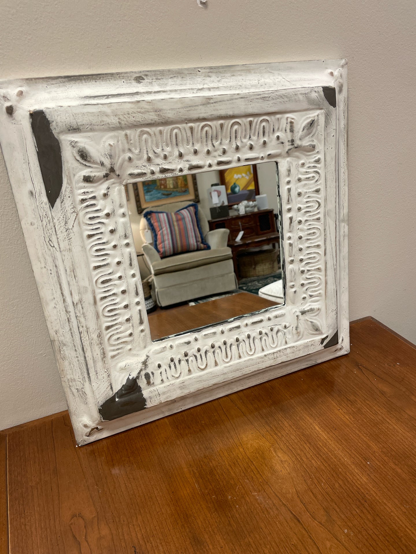Cream Colored Distressed Tin Mirror from Pottery Barn