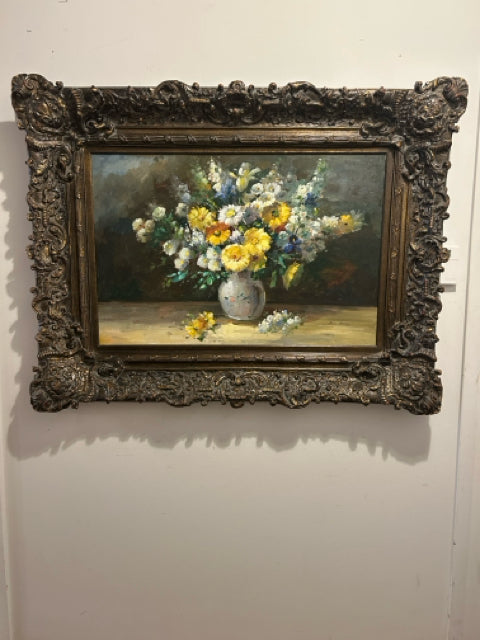 Large Original Oil of Flower Arrangement in Carved Frame by Hans Fischer, signed