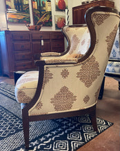 Load image into Gallery viewer, Custom Brown and White Curved Wingback Accent Chair with Velvet Pillow from Baker Furniture

