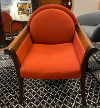 Load image into Gallery viewer, Pair of MCM Lounge Chairs with Dark  Burnt Orange Wool Upholstery and Polished Wood Arms
