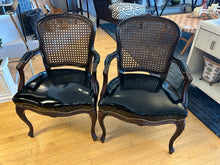 Load image into Gallery viewer, Pair of Cane Back Louis XV Carved Chairs with  Black Patent Leather Seats
