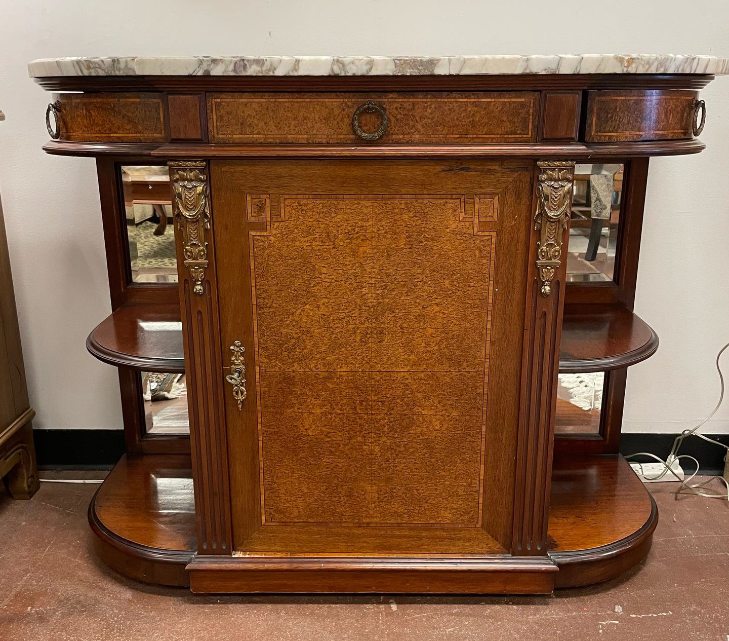 Vintage French Louis XVI Buffet with One Cabinet, Display Shelving & Marble Top