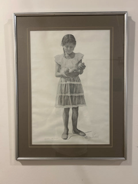 Pencil Sketch of Girl with Fruit, signed