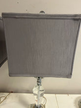Load image into Gallery viewer, Pair of Faceted Lucite Acrylic &amp; Chrome Lamps with Gray Shades

