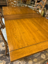 Load image into Gallery viewer, Dining Table &amp; 6 Ladder Back Chairs with  Rush Seats &amp; Cushions (2 arm, 4 side), Three Leaves &amp; Pads
