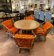 Load image into Gallery viewer, Game/ Dining Table,4 MCM Bamboo Style Arm Chairs with Orange Upholstered Cushions
