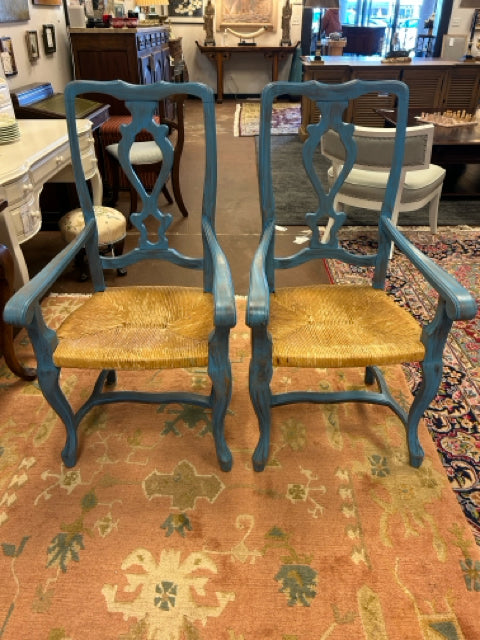Two Blue Painted Rush Seat Arm Chairs