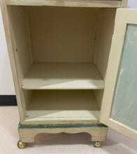 Load image into Gallery viewer, Vintage Shabby Chic Side Table/Cabinet on Casters with Green Detailing
