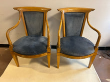 Load image into Gallery viewer, Pair of Vintage Biedermeier Style Maple Arm Chairs with Blue Upholstery
