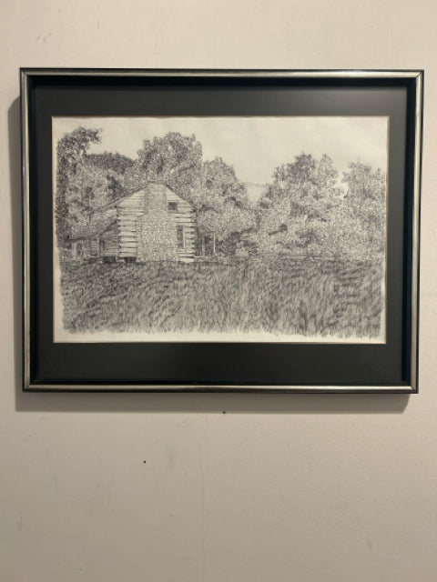 Framed Etching of House with  Stone Chimney