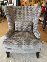 Load image into Gallery viewer, Grey &amp; Cream Velvet Geometric Patterned Wing Chair
