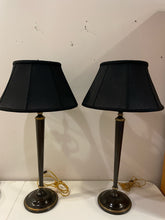 Load image into Gallery viewer, Pair of Brown Lamps with Gold Detail &amp; Black Shades
