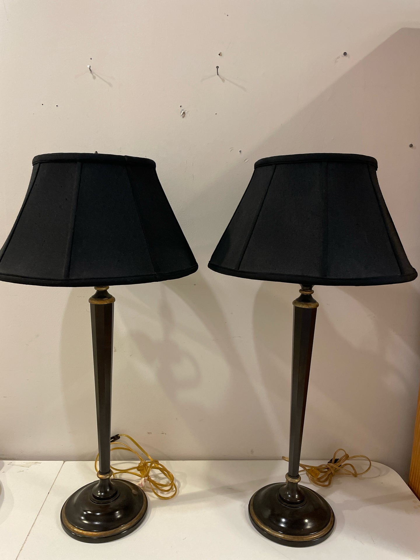 Pair of Brown Lamps with Gold Detail & Black Shades