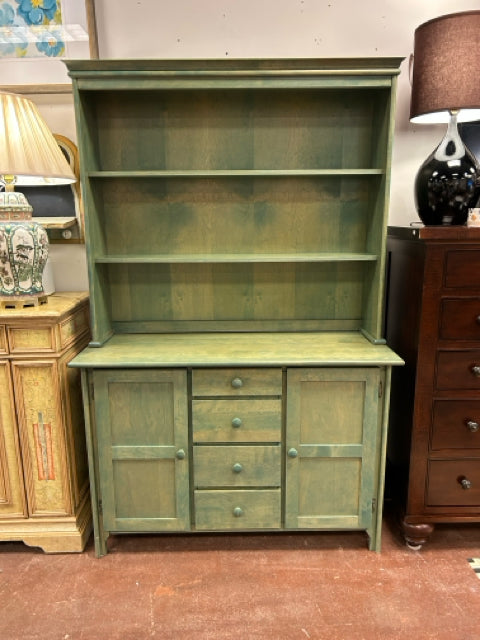 Two Piece Washed Green Hutch with  4 drawers & 2 Cabinets