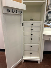 Load image into Gallery viewer, White Hampton Vanity  Desk &amp; Mirror, Two Mirrored Towers with  Interior Drawers and Shelves from Pottery Barn
