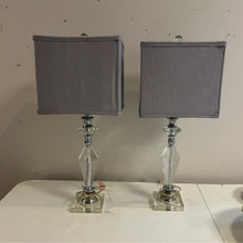 Load image into Gallery viewer, Pair of Faceted Lucite Acrylic &amp; Chrome Lamps with Gray Shades
