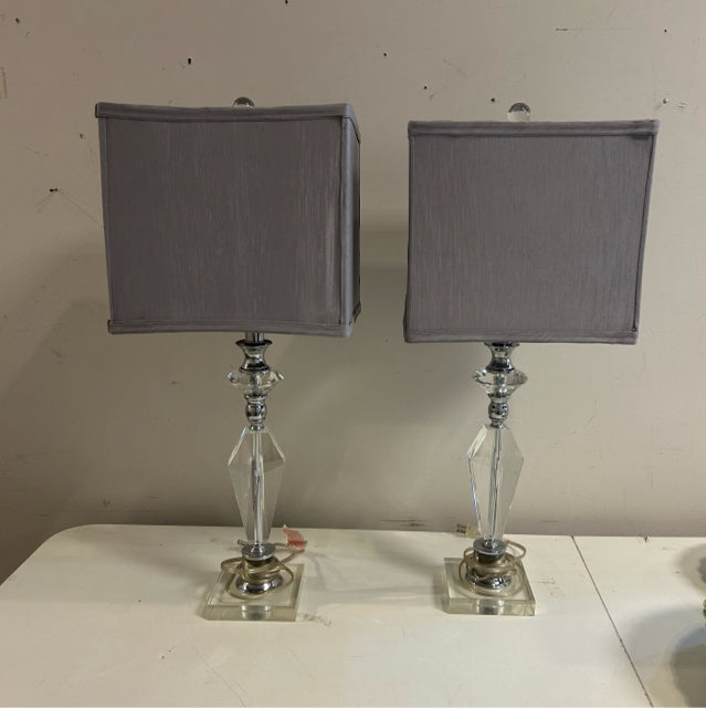 Pair of Faceted Lucite Acrylic & Chrome Lamps with Gray Shades
