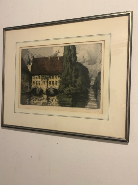 Framed Print of Residence over a Canal, signed