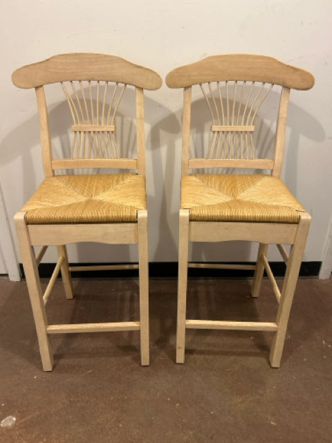 Pair Blonde Wood Counter Stools with  Rush Seats