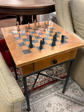 Load image into Gallery viewer, Wood Game Table on Metal Legs with Chess &amp; Checkers Pieces from Pottery Barn
