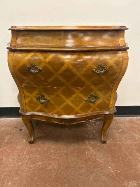 Petite Vintage Italian Bombe Two Drawer Parquet Top Chest of Drawers