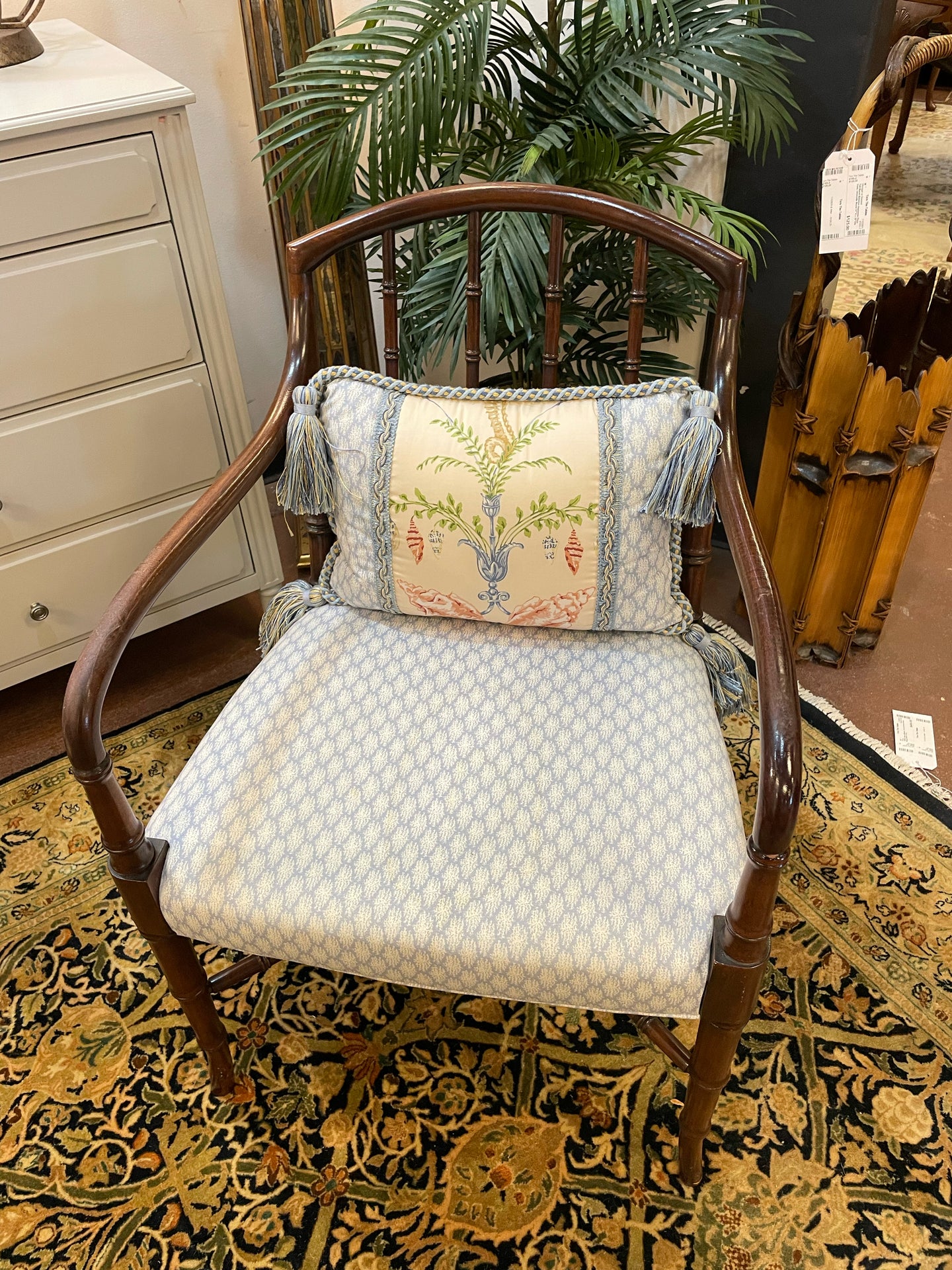 Vintage Bamboo-Style Armchair with Upholstered Seat and Tassled Pillow