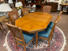 Load image into Gallery viewer, Octagonal Dining Table with 6 Herringbone Upholstered Cane Back Side Chairs, Two  Leaves &amp; Pads
