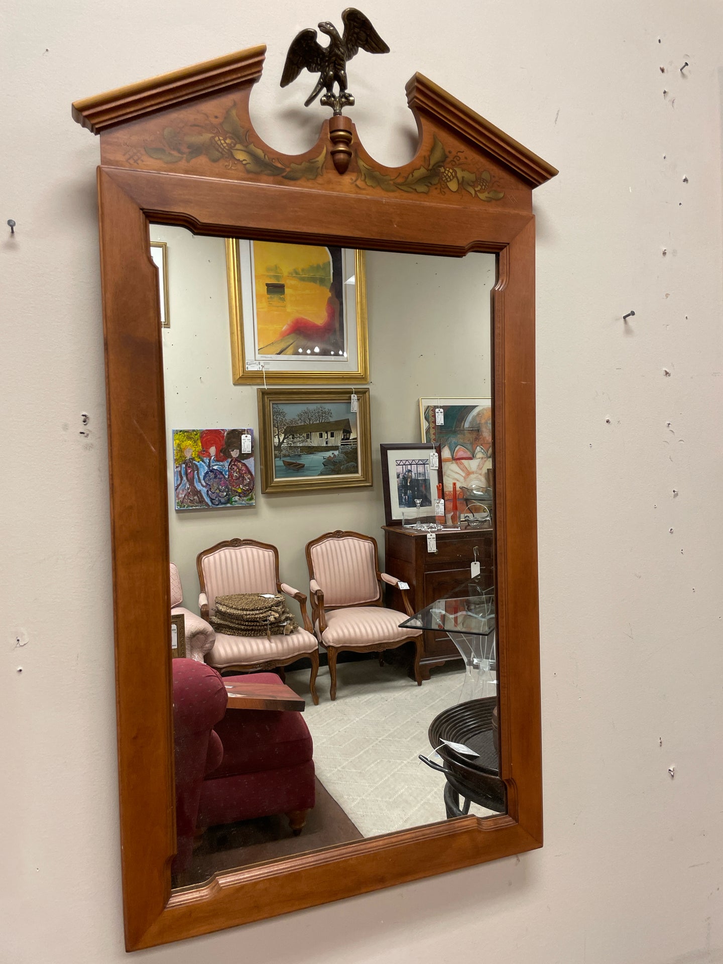 Vintage Maple Wall Mirror with Eagle Finial