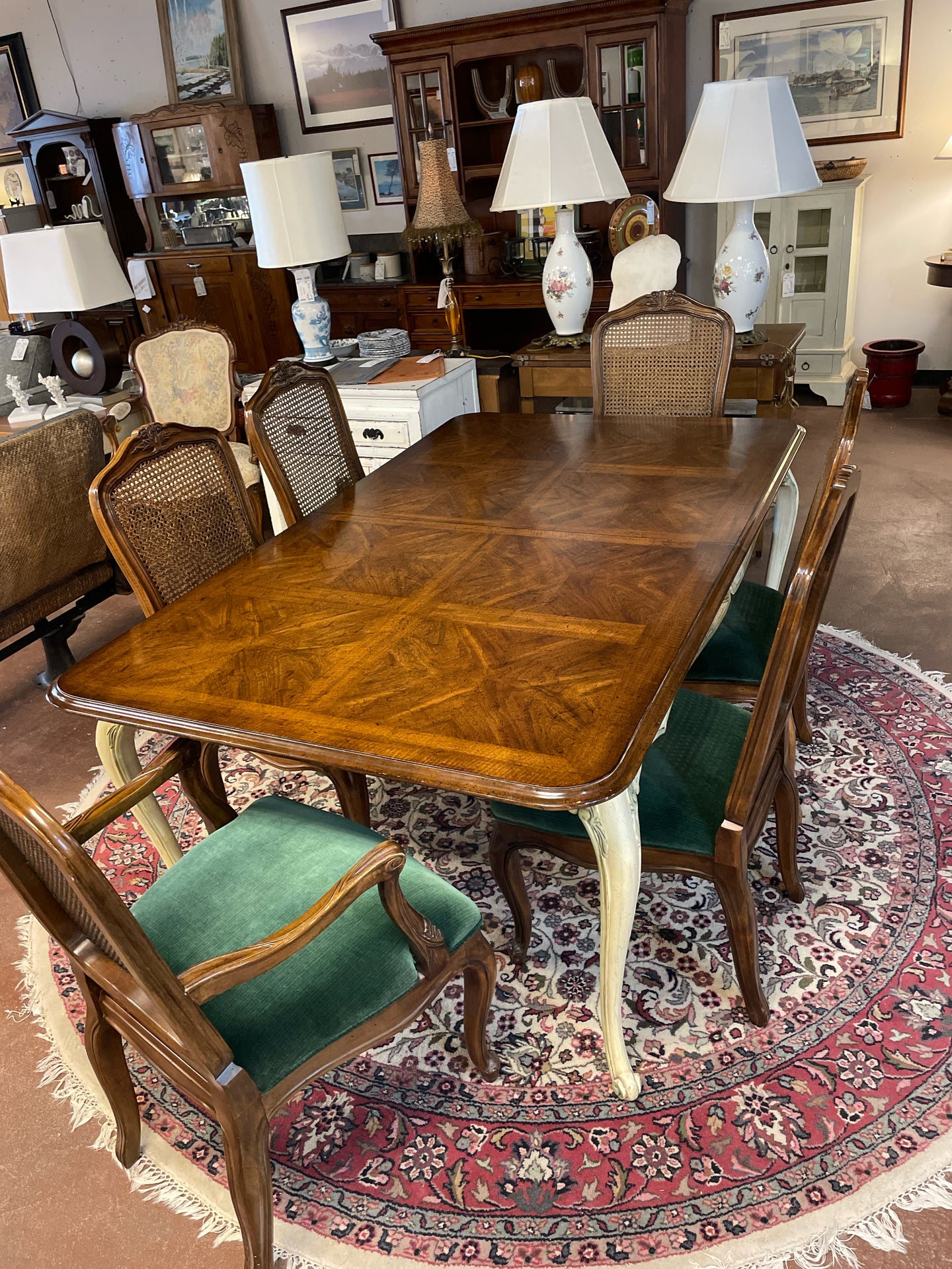 Vintage Two Tone Dining Table & 6 Cane Back Chairs, Two 20