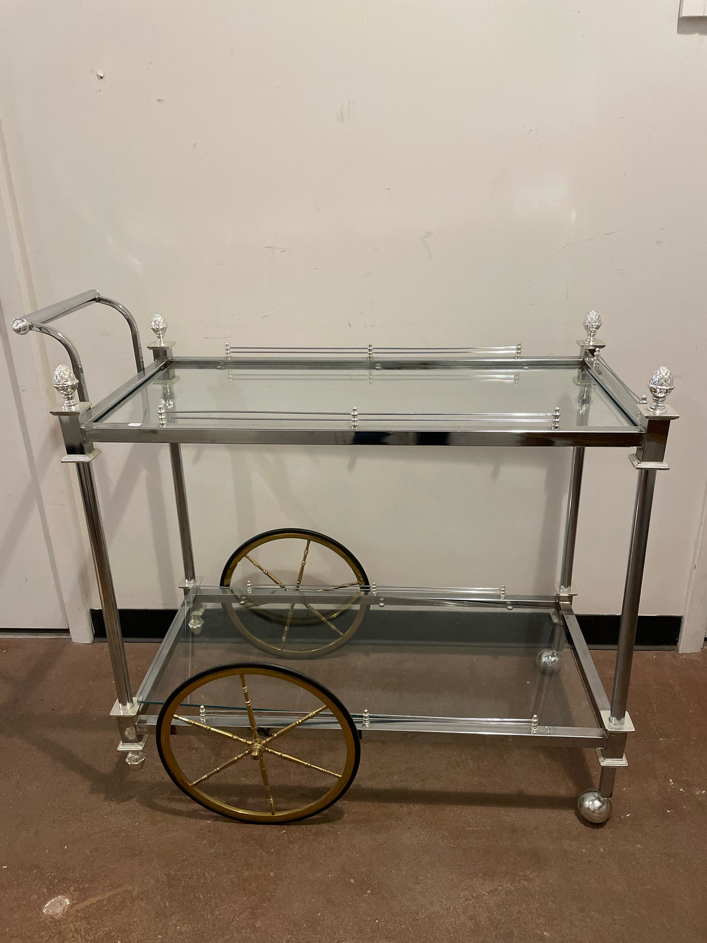 Metal & Glass Bar Cart with Pineapple Finials