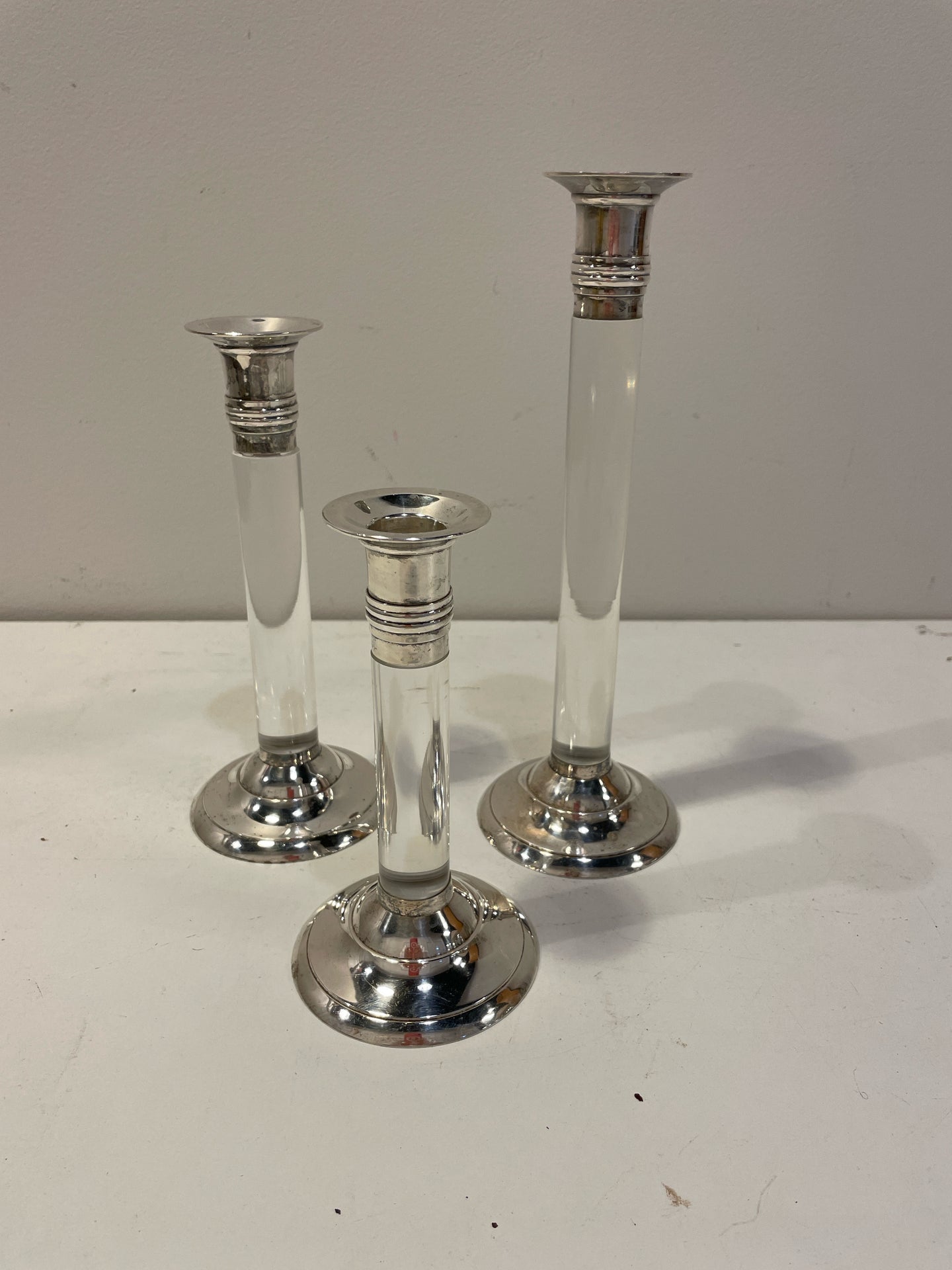 Trio Of Silver Plate And Lucite Candleholders