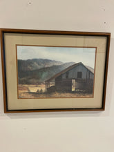 Load image into Gallery viewer, Framed Print of Barn and Mountains by Russell May, signed
