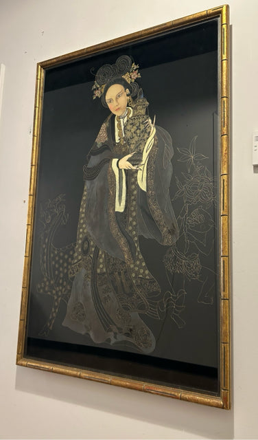 Hand Painted Fabric with Gold Threading of Asian Empress in Gold Bamboo Frame