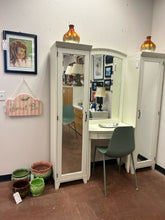 Load image into Gallery viewer, White Hampton Vanity  Desk &amp; Mirror, Two Mirrored Towers with  Interior Drawers and Shelves from Pottery Barn
