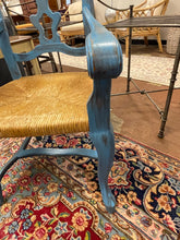 Load image into Gallery viewer, Two Blue Painted Rush Seat Arm Chairs
