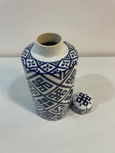 Load image into Gallery viewer, Blue &amp; White Geometric Pattern Lidded Ceramic Jar
