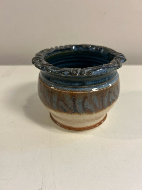 Blue, Brown & Cream Pottery Planter, signed