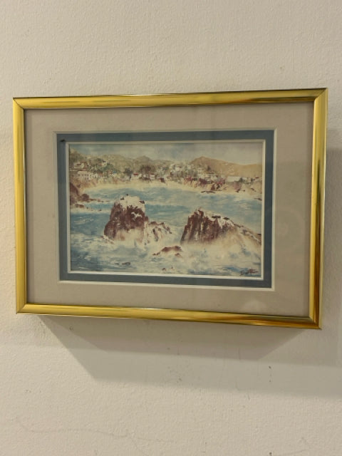 Framed Watercolor Coastal Scene, signed