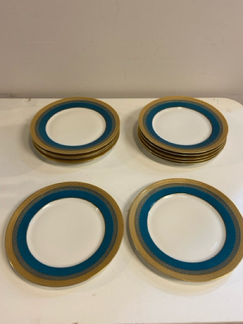 Twelve Turquoise & Gold Dinner Plates from Superieur Limoges France