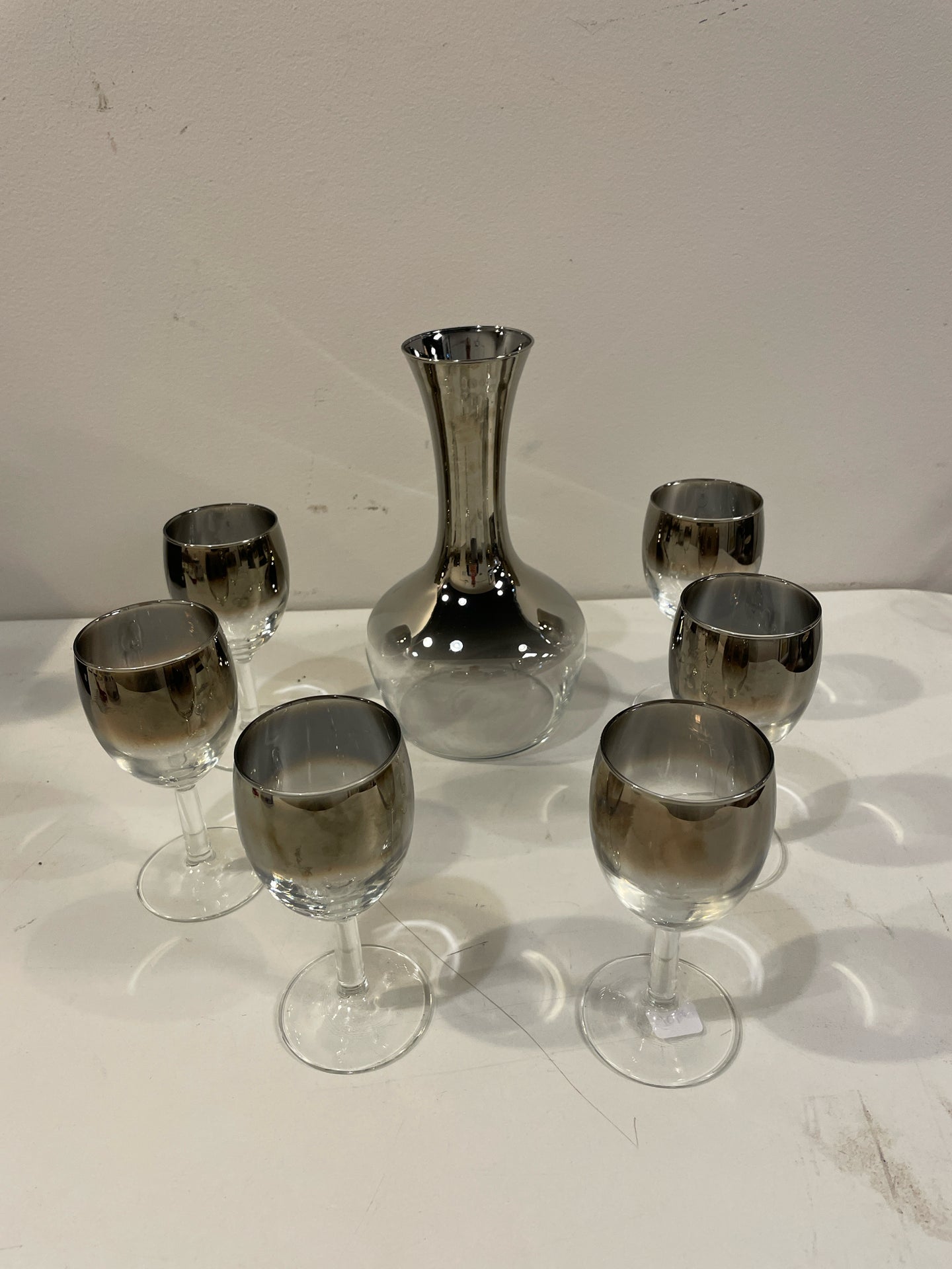 Vintage Silver Fade Carafe & 6 Glasses