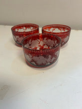 Load image into Gallery viewer, Three Bohemian Ruby Red Cut Glass Finger Bowls

